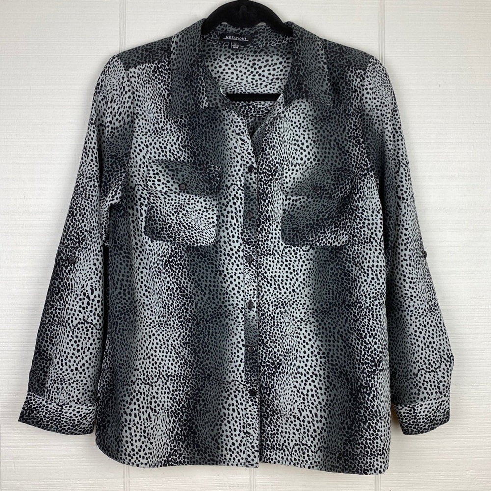 Notations Spotted Animal Print Black Gray Long Sleeve Button Up Collared Top L